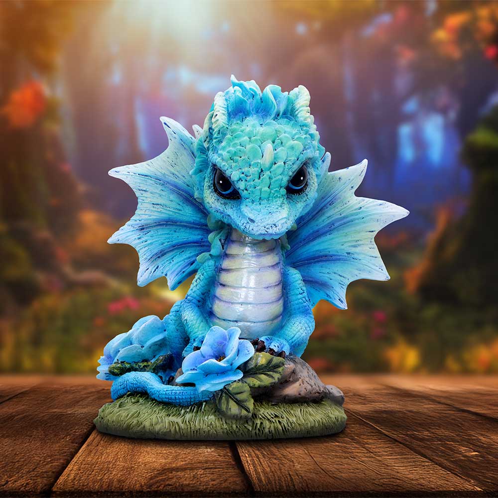 Blue Poppy Flower Dragon Figurine hand-painted polyresin dragon with blue poppy flower detailing