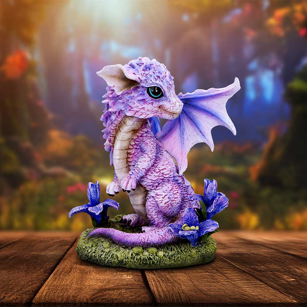 Iris Flower Dragon Figurine hand-painted polyresin dragon with iris flower detailing