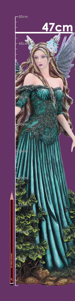 A teal-robed winged fairy statue stands with one arm lowered and gaze forward against a purple backdrop with a vertical ruler labeled 50cm 45cm 40cm 35cm 30cm 25cm 20cm 15cm 10cm and prominent 47cm.