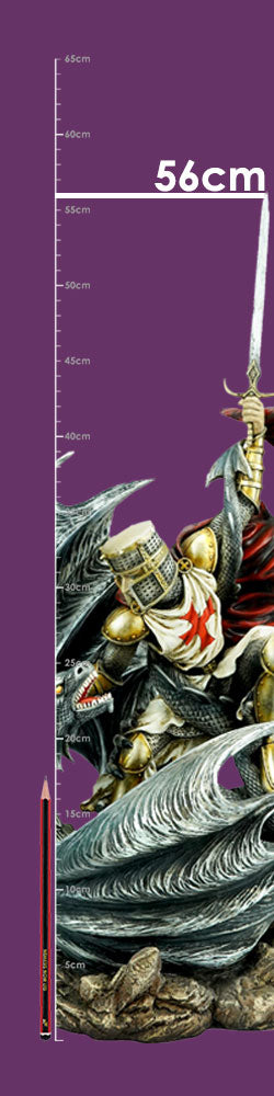Armored crusader knight raises a sword while battling a dragon-like wave on a rocky base against a purple background with a vertical ruler; text: 56cm, 65cm, 60cm, 55cm, 50cm, 45cm, 40cm, 30cm, 25cm, 20cm, 15cm, 10cm, 5cm.