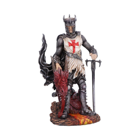 Armored knight in a white tunic with a red cross stands over a slain red dragon head, gripping a longsword and flowing black cape on a rocky lava streaked base.