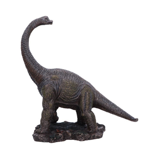 Bronze-colored long-necked sauropod figurine stands on a textured rocky base with head and neck arched upward against a plain white background.