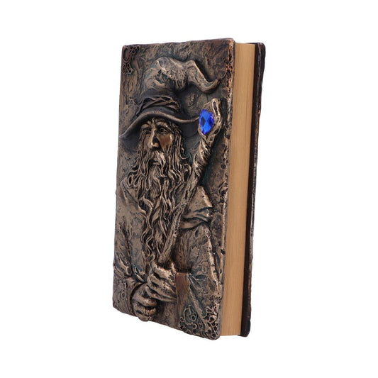Ornate leather-bound book features a detailed bearded wizard relief holding a staff topped with a blue gem, shown angled upright against a plain white background.