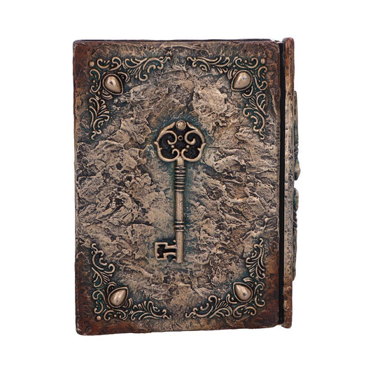Ornate metal bound book displays a central antique key embossed on a textured bronze cover, surrounded by decorative filigree corners and teardrop accents, photographed against a plain white background.