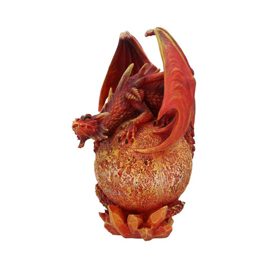 Red dragon figurine curls protectively atop a speckled golden red egg with arched wings and scaly body, resting on a jagged crystal like base against a white background.