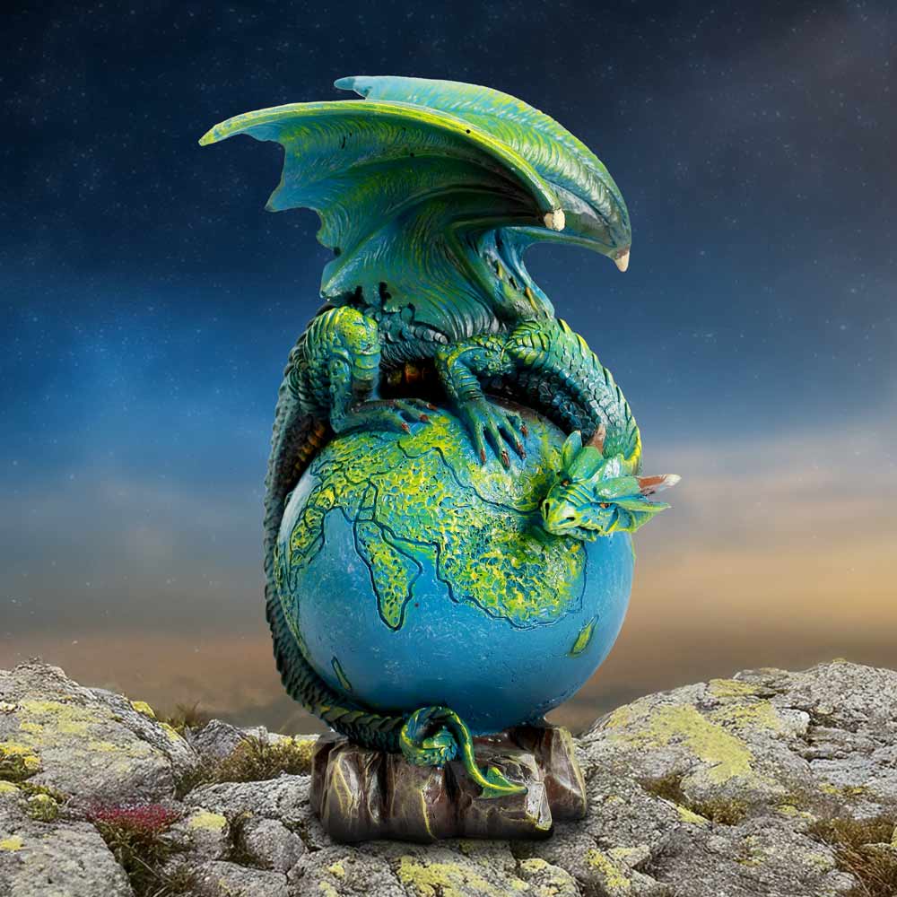 The Terran Dragon Figurine – green resin dragon resting on a detailed Earth globe fantasy ornament