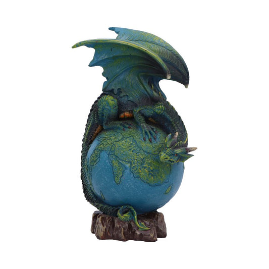 Green-blue dragon sculpture coils protectively around a textured blue globe, its wings arched and tail wrapped, perched on a rocky base against a plain white background.