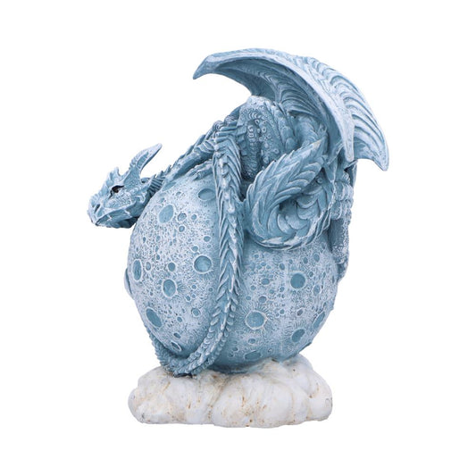 Blue dragon sculpture curls around a cratered spherical egg, tail and wings wrapped protectively while perched on a cloud textured base against a plain white background.