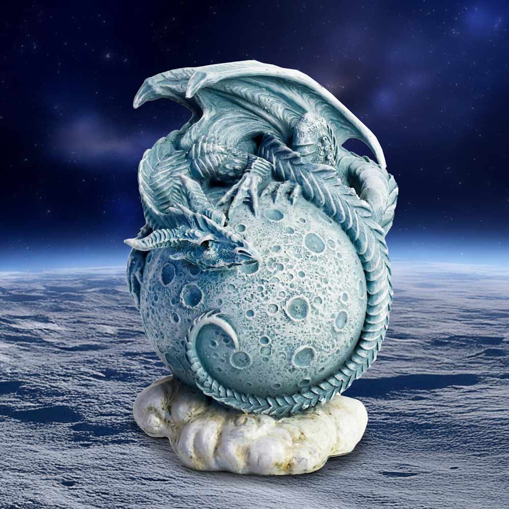 The Lunarian Dragon Figurine – white and blue dragon curled around a crescent moon on a cloud base
