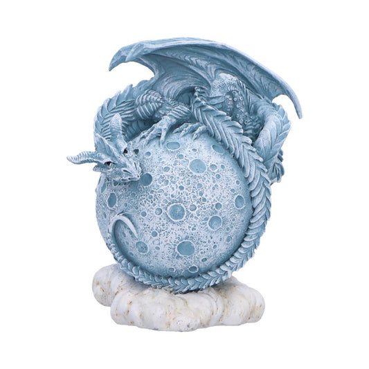 A pale blue dragon coils protectively around a cratered moon orb, wings folded and head resting on the sphere, all perched on a white cloud-like base against a plain background.