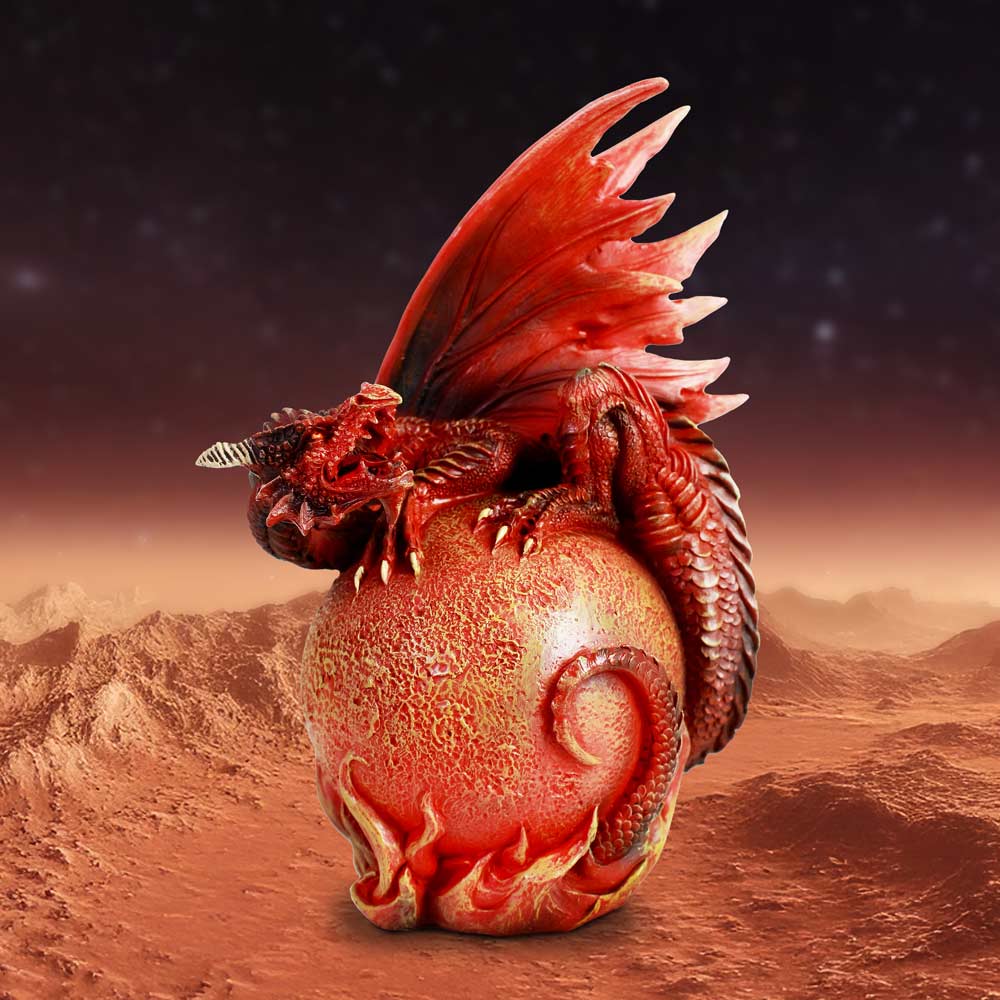 Martian Dragon Figurine — red dragon perched on detailed Mars globe fantasy ornament