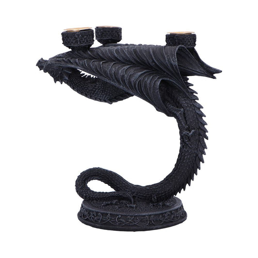 Black dragon candleholder arches upward, its coiled tail and outstretched wings supporting three ornate candle cups on a decorative round base against a white background.