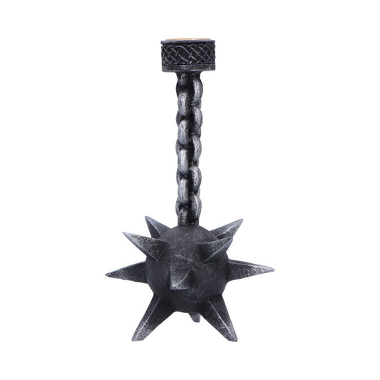 A metal spiked mace suspended by a short twisted chain above a plain white background, showing a spherical head with eight long triangular spikes and a textured cylindrical handle.