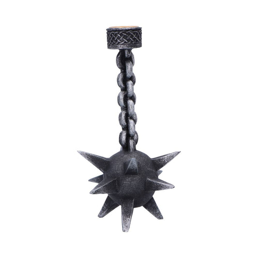 A spiked metal mace hangs from a short heavy chain, its spherical head studded with long conical spikes, photographed against a plain white studio background.