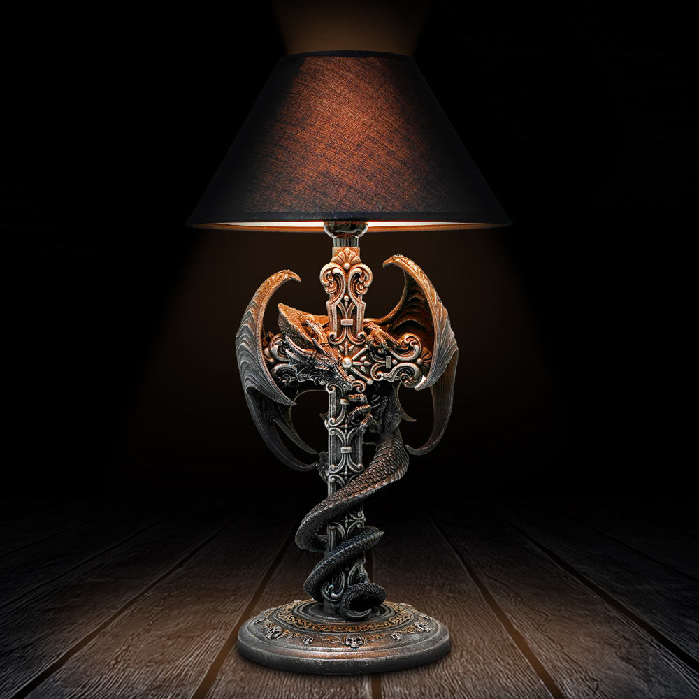 Draconis Crucis dragon lamp with red shade and cross base