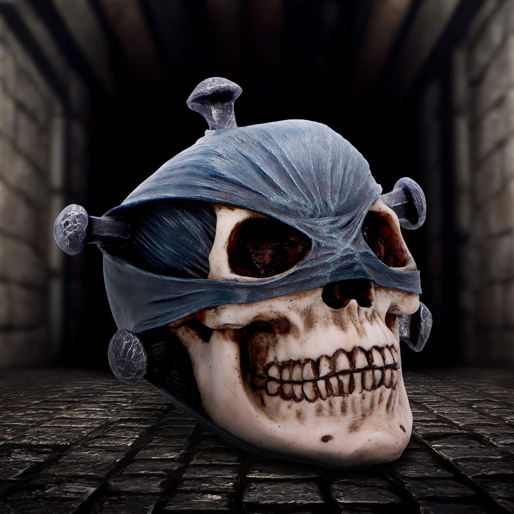 Penance of Iron Skull ornament with blindfold and nail accents