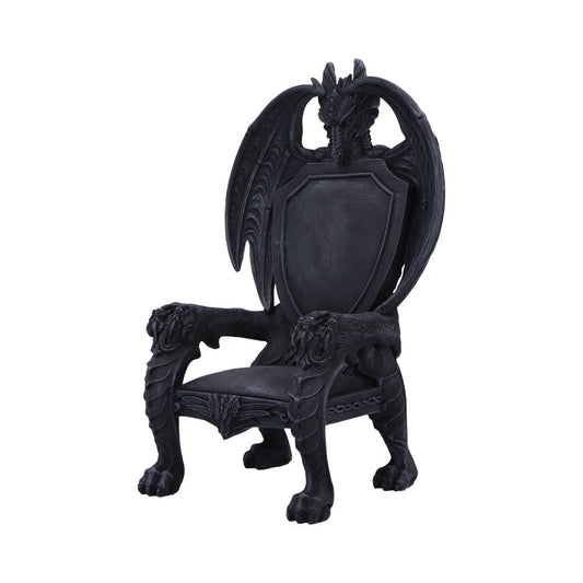 A black gothic throne sculpted as a dragon with wings forming the high back, clawed legs and ornate armrests, standing alone against a plain white background.