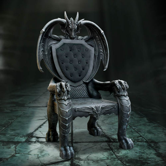 Stone dragon-throne dominates, its dragon head and wings forming a shield-backed chair, clawed armrests and scaled legs anchoring it on a cracked greenish stone floor in a dim cavern.