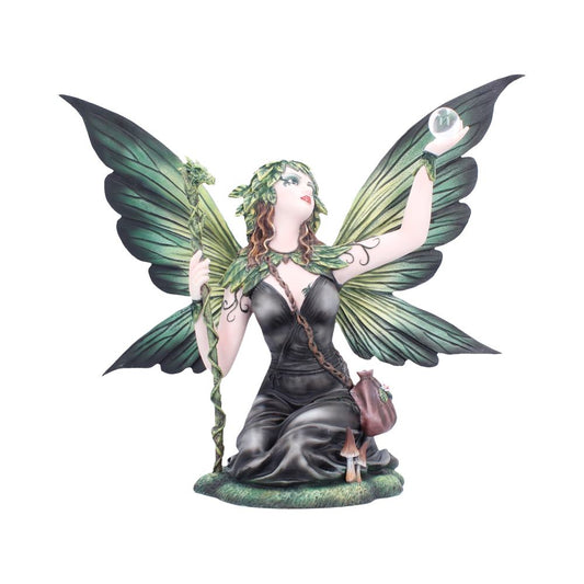 Elaria Gothic Woodland Fairy Figurine - Alternate front showing glass orb and leafy headband