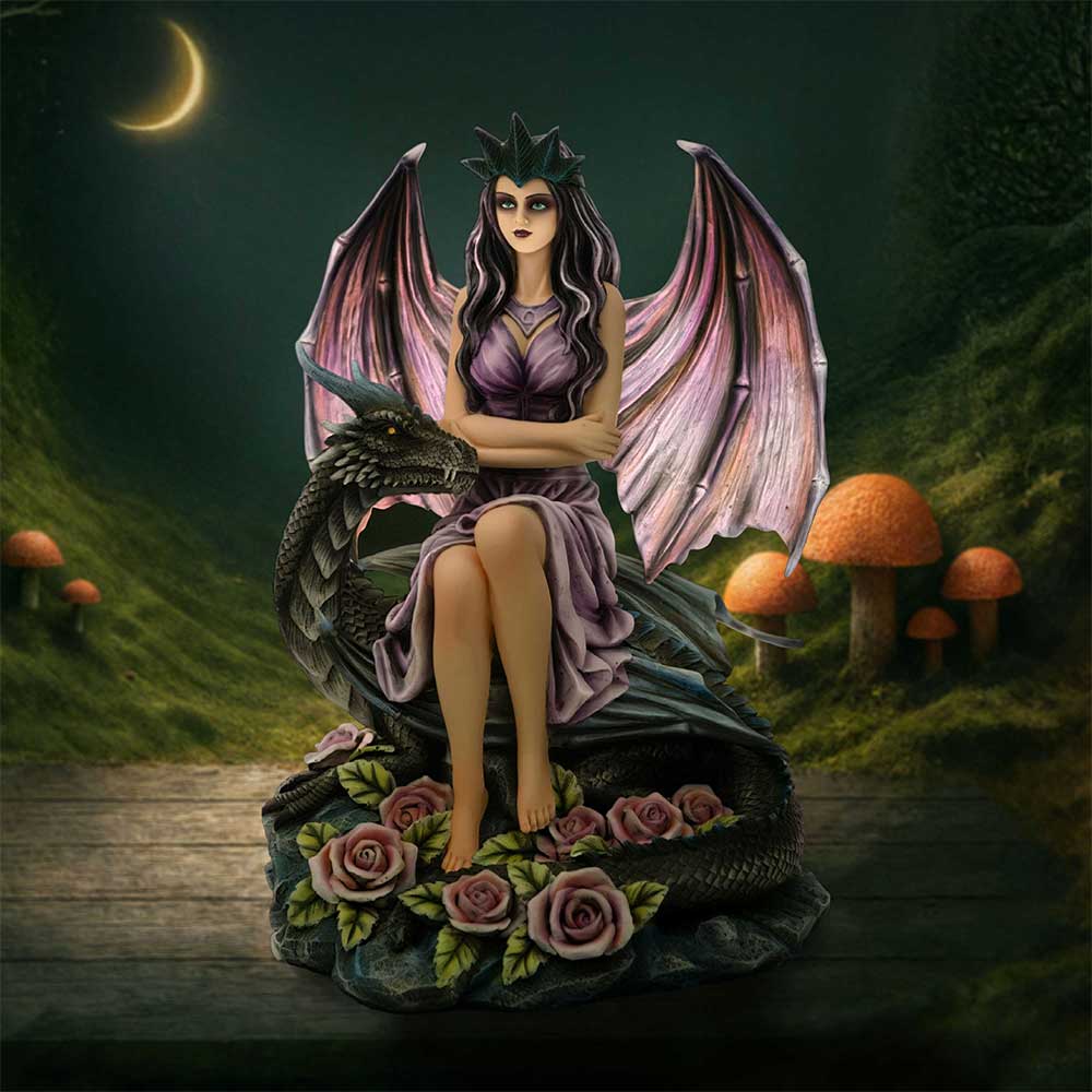 Dragon Rose Enchantress Fairy Figurine - Fairy and dragon in a styled display
