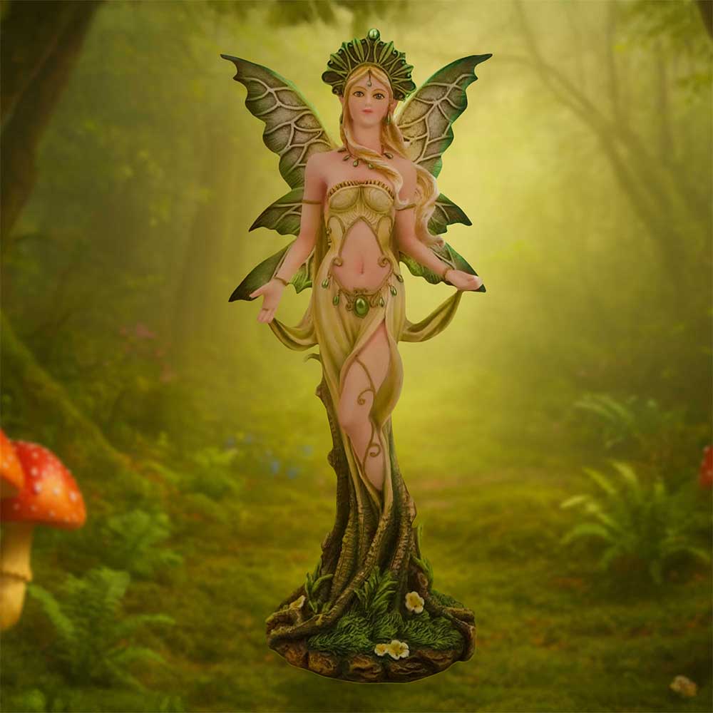Forest Guardian Woodland Fairy Figurine - Green fairy in a styled forest display