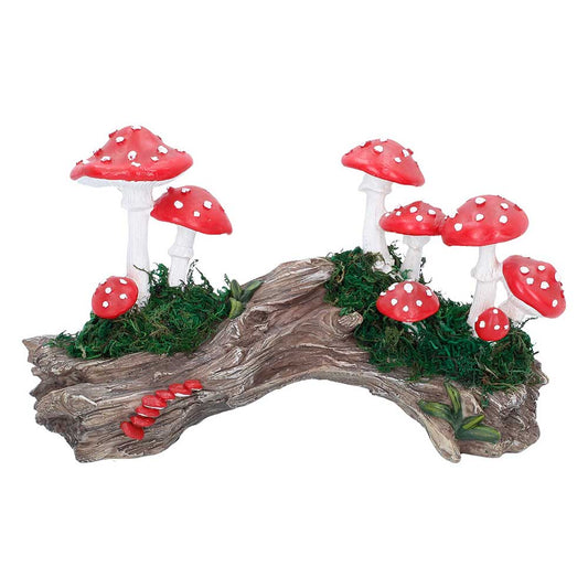 Toadstool Trunk Woodland Ornament - Front showing red spotted mushrooms on a mossy log