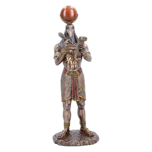 Front view of Thoth with scroll, coloured garment details and display base