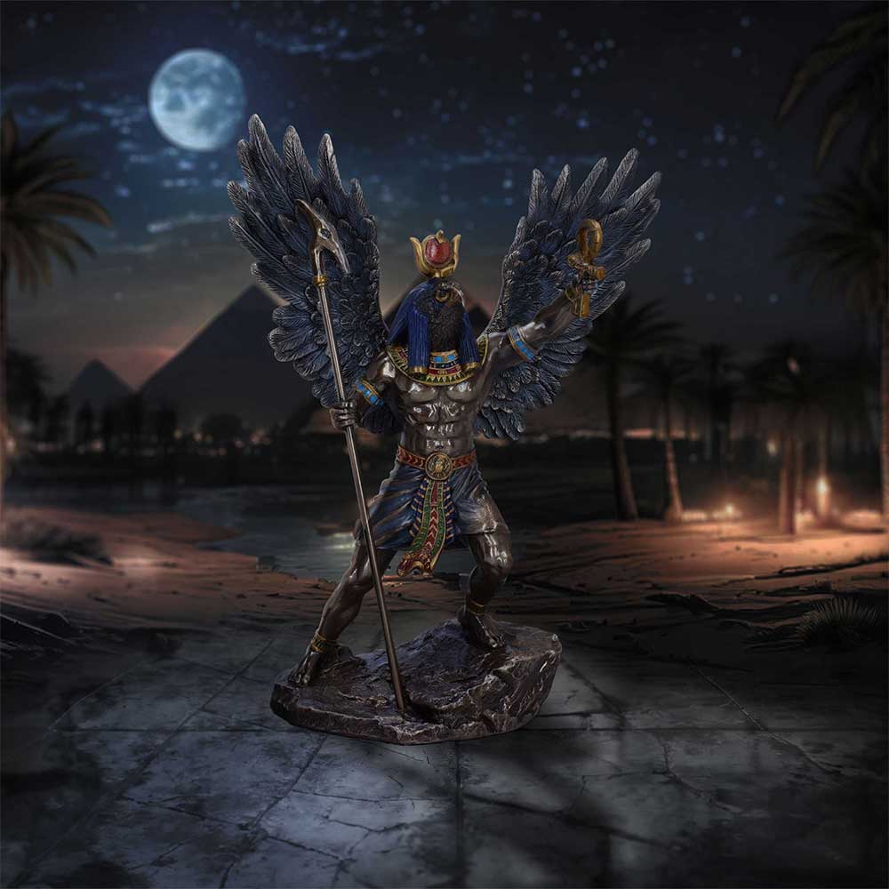 Ra with spread wings on a dark Egyptian themed studio background