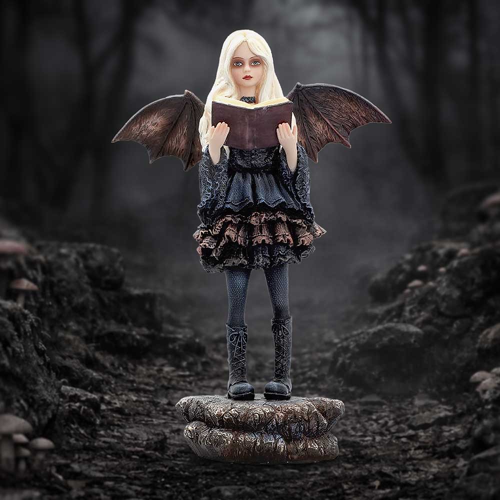 Hidden Verses Gothic Fairy Figurine - Book-holding fairy in a styled forest display