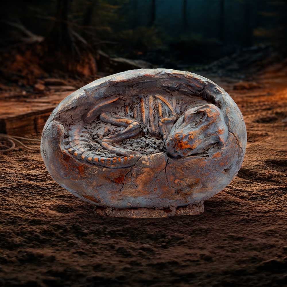 Tyrannosaurus Rex Egg Skeleton Figurine - Dinosaur egg in a styled prehistoric display