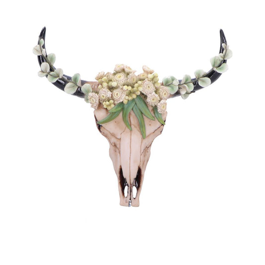 Floral Crown Bull Skull Wall Ornament - Front showing bull skull crowned with pale flowers