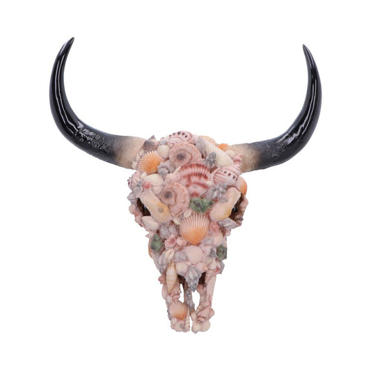Ocean Crown Bull Skull Wall Ornament - Front showing shell-covered skull and tall black horns