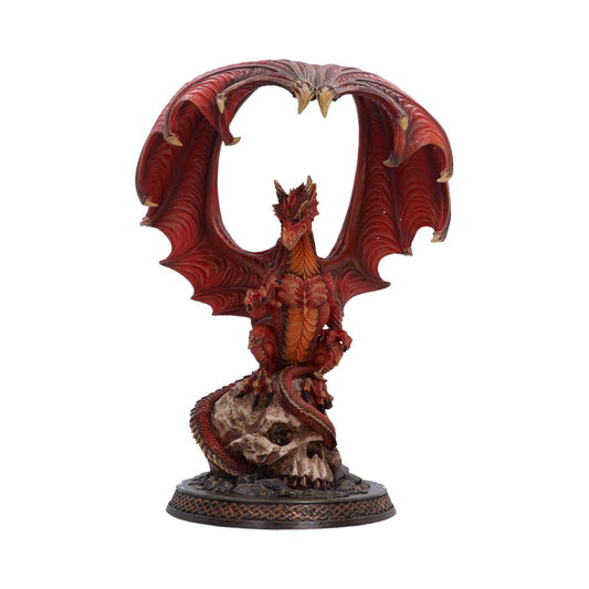 Ember King Dragon Ornament - red dragon with raised wings over a pale skull
