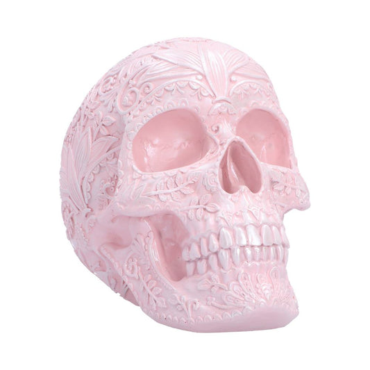 Eternal Bloom Floral Skull Ornament - pale pink skull covered in raised flower and leaf detail