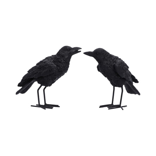 Watchful Pair Raven Ornament Set - two black ravens facing each other on separate feet