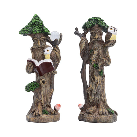 Woodland Wisdom Tree Figure Set - two bark-faced figures with leafy hats, a book and an orb