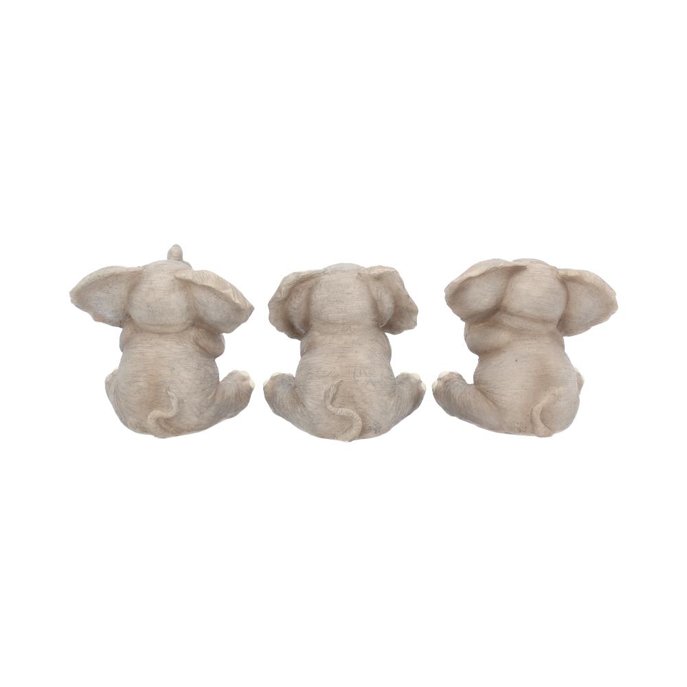 Three small, light gray elephant figurines sit facing away, arranged in a row against a white background.