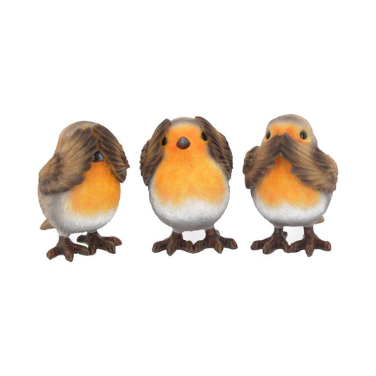 Three Wise Robins Figurines – hand-painted resin robin trio in see no evil, hear no evil, speak no evil poses