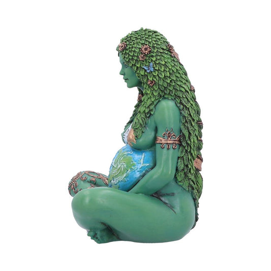 A green, female figure sits cross-legged, cradling a globe-shaped belly, with leafy hair adorned with flowers, reflecting a connection to nature. The background is plain white.