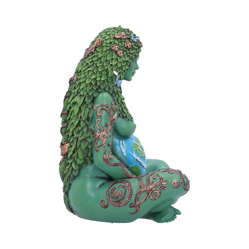 A green, leafy-haired figure sits cradling the Earth, adorned with intricate brown vine-like patterns on the skin, set against a plain white background.