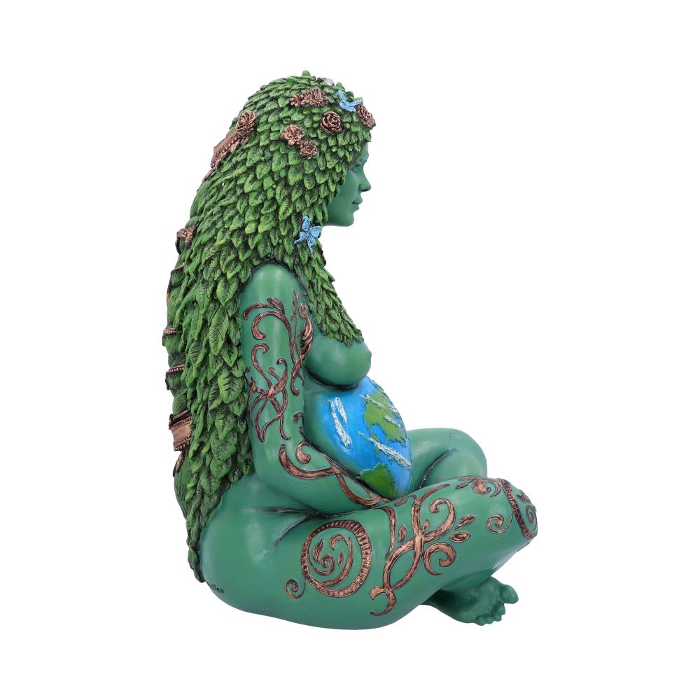A green, human-like figure with leafy hair sits cross-legged, holding a globe. The body is adorned with intricate, swirling designs. The background is plain white.