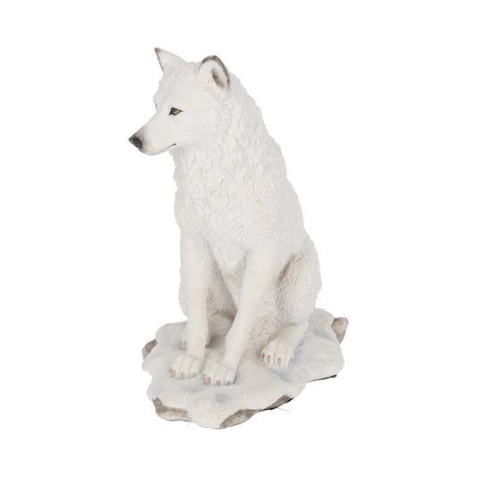 White wolf figurine sits poised on a textured, rocky base. The detailed design captures the animal's fur and focused expression against a plain, isolated background.