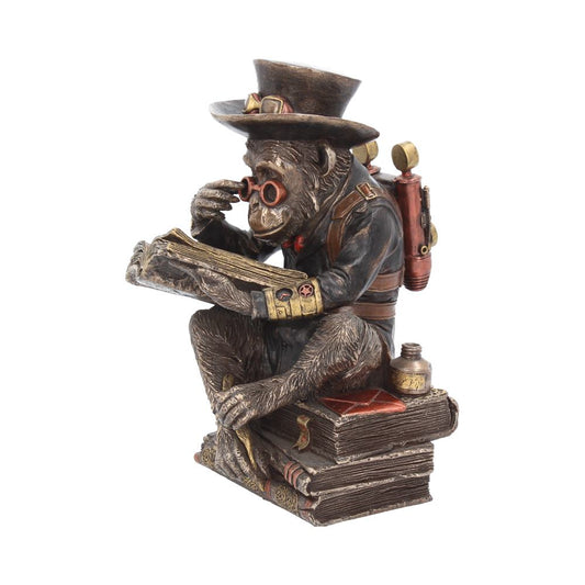 A steampunk-style chimpanzee wearing a top hat and goggles reads an open book, perched atop a stack of closed books. A small inkwell and a scroll are nearby.