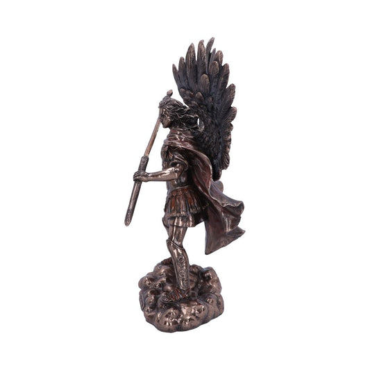 A bronze statue of an angel with wings stands holding a sword upright. The angel wears a cape and armor, and is placed on a small cloudy platform.