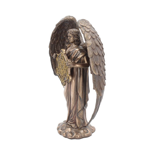 A winged, bronze-colored angel statue stands and holds an elaborate, geometric shape with both hands. It is set against a plain white background.