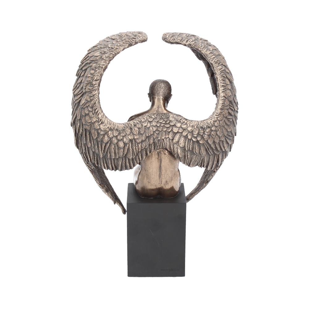 A bronze sculpture of a kneeling figure with large wings arches above, mounted on a dark, rectangular pedestal. The background is solid white.