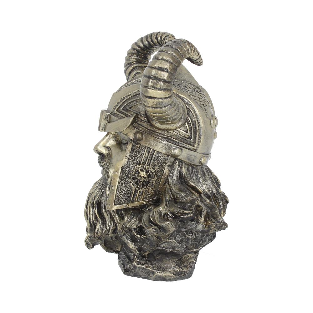 A metallic bust depicts a bearded warrior wearing an ornate horned helmet, gazing forward. Intricate designs embellish the helmet, adding texture. The figure rests on a rough stone base.