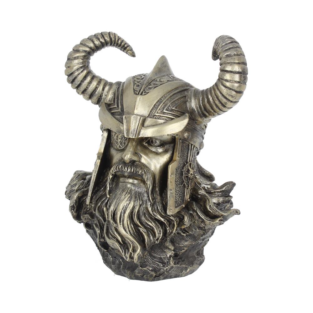 A metallic bust of a bearded warrior wearing a horned helmet, gazing forward. The intricate design covers the head and shoulders, positioned against a plain white background.