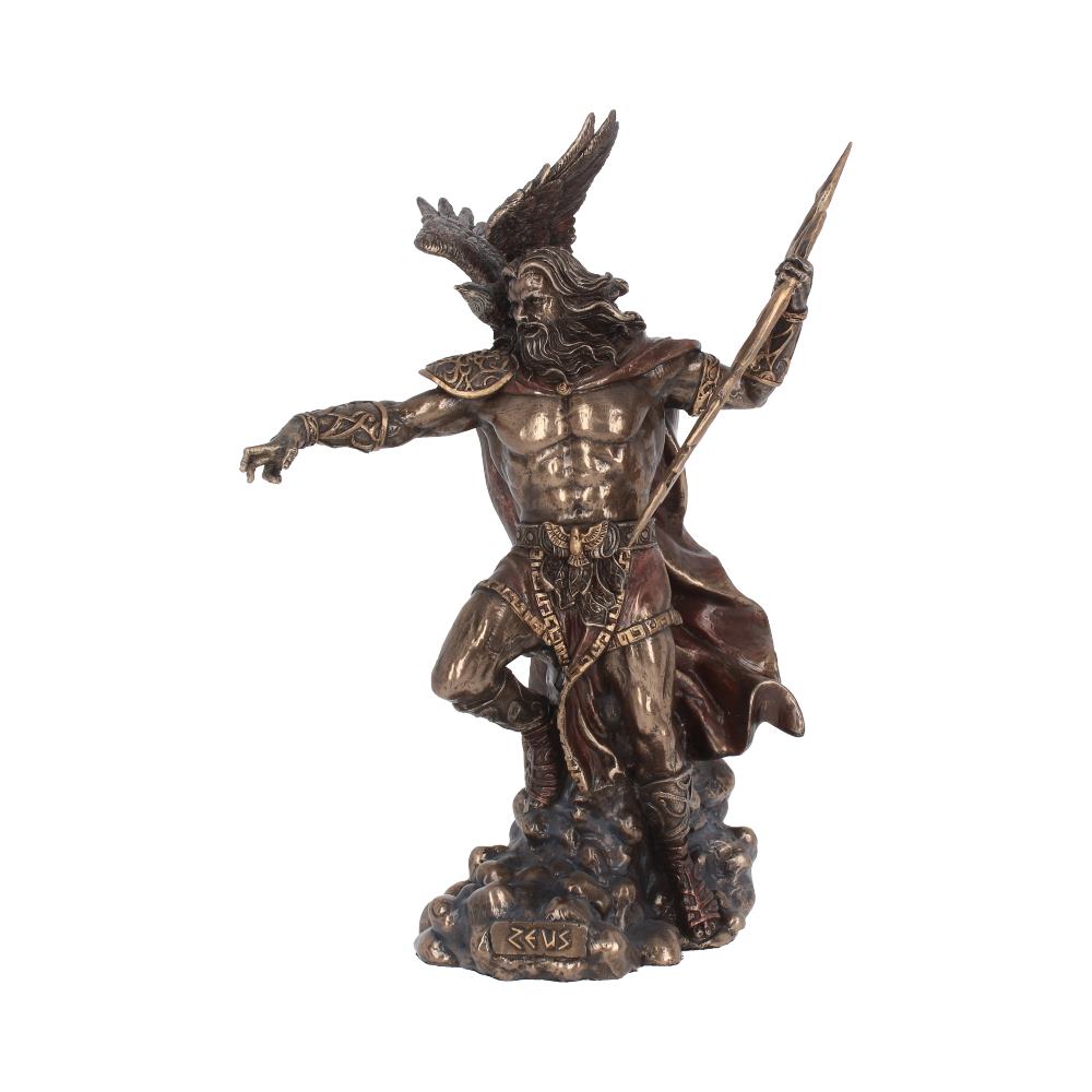 Bronze statue of a muscular, bearded man wielding a spear, with an eagle perched on his arm. The figure stands dynamically on clouds. The base has the text "ZEUS."