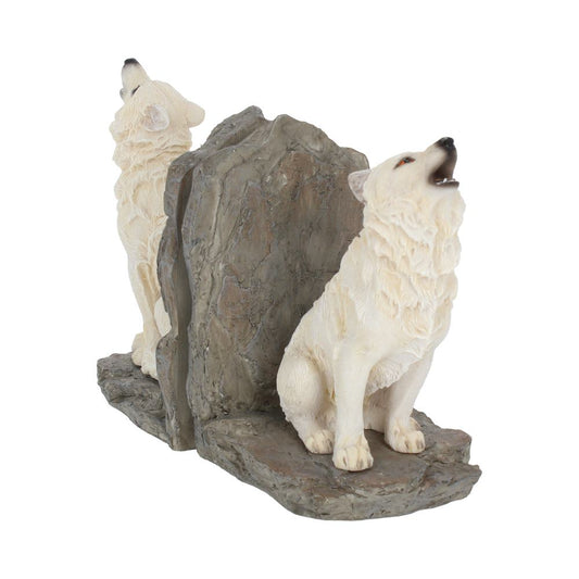 Two white wolf figurines howling flank a textured, rock-like bookend. Each sits on either side of a central gray stone, forming a decorative, nature-inspired scene.